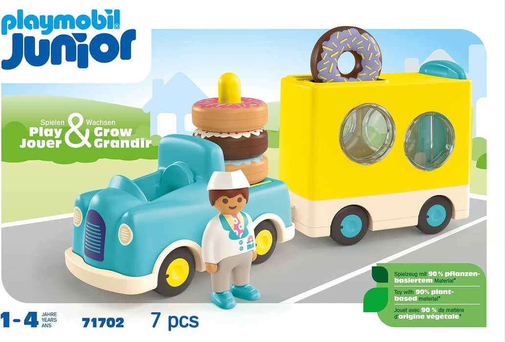 PLAYMOBIL Junior 71702 Camión de Donut, con función de apilamiento y clasificación, Juguete sostenible Hecho de plásticos a Base de Plantas, Juguetes para niños a Partir de 1 año