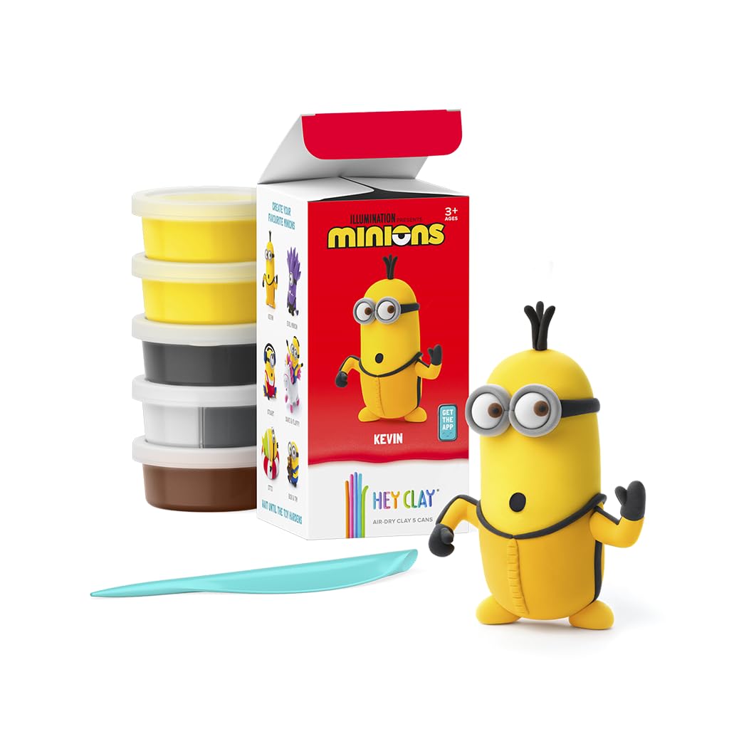 HEY CLAY & Illumination Presents – Minion Kevin – bunte Modelliermasse für Kinder – lufttrocknender Ton Kit 5 Dosen und Modellierwerkzeuge mit lustiger, interaktiver Anleitung (evtl. nicht in