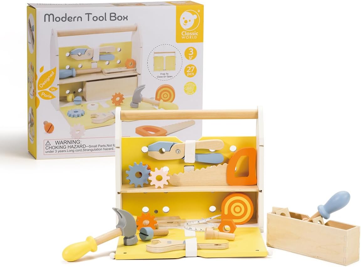 Classic World Werkzeugkasten | Holzspielzeug aus 27 Teile | Kinderwerkzeug für Jungen und Mädchen | Lernspielzeug für Kinder ab 3 Jahren