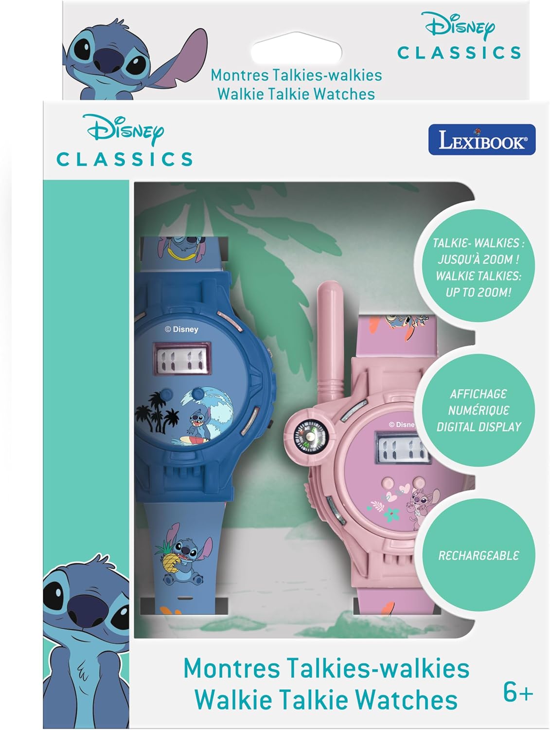 Lexibook, Disney Stitch, Walkie-Talkie watches, 2 pieces, Range up to 200m, Flashlight, Compass, Rechargeable, Blue and Pink, DMWTW1D