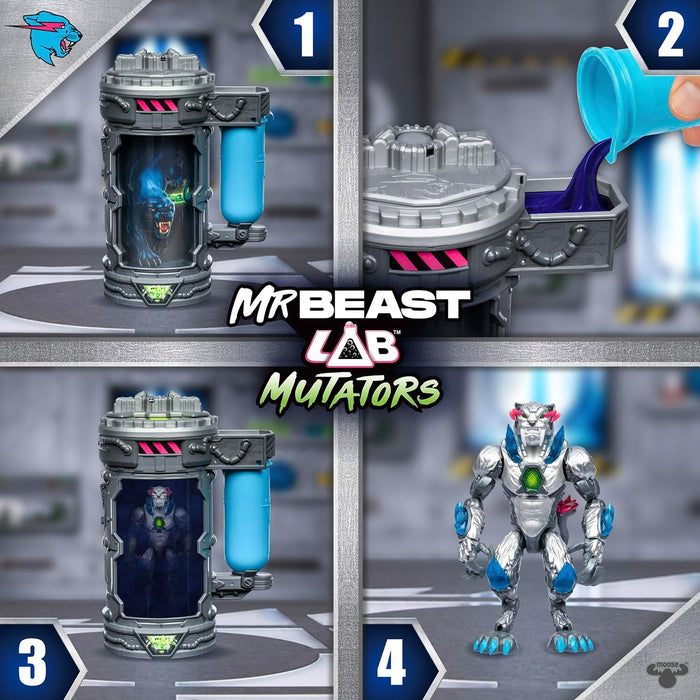 MrBeast Lab Mutators; Mutiere das ultimative Biest. Experimentiere und erschaffe die Metallic Panther-Actionfigur von MrBeast. 3 zum Sammeln, Iconic Panther, Stealth Panther