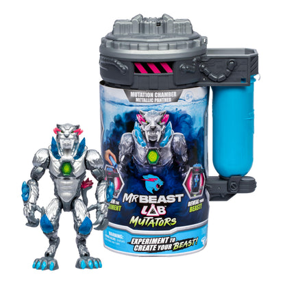 MrBeast Lab Mutators; Mutiere das ultimative Biest. Experimentiere und erschaffe die Metallic Panther-Actionfigur von MrBeast. 3 zum Sammeln, Iconic Panther, Stealth Panther