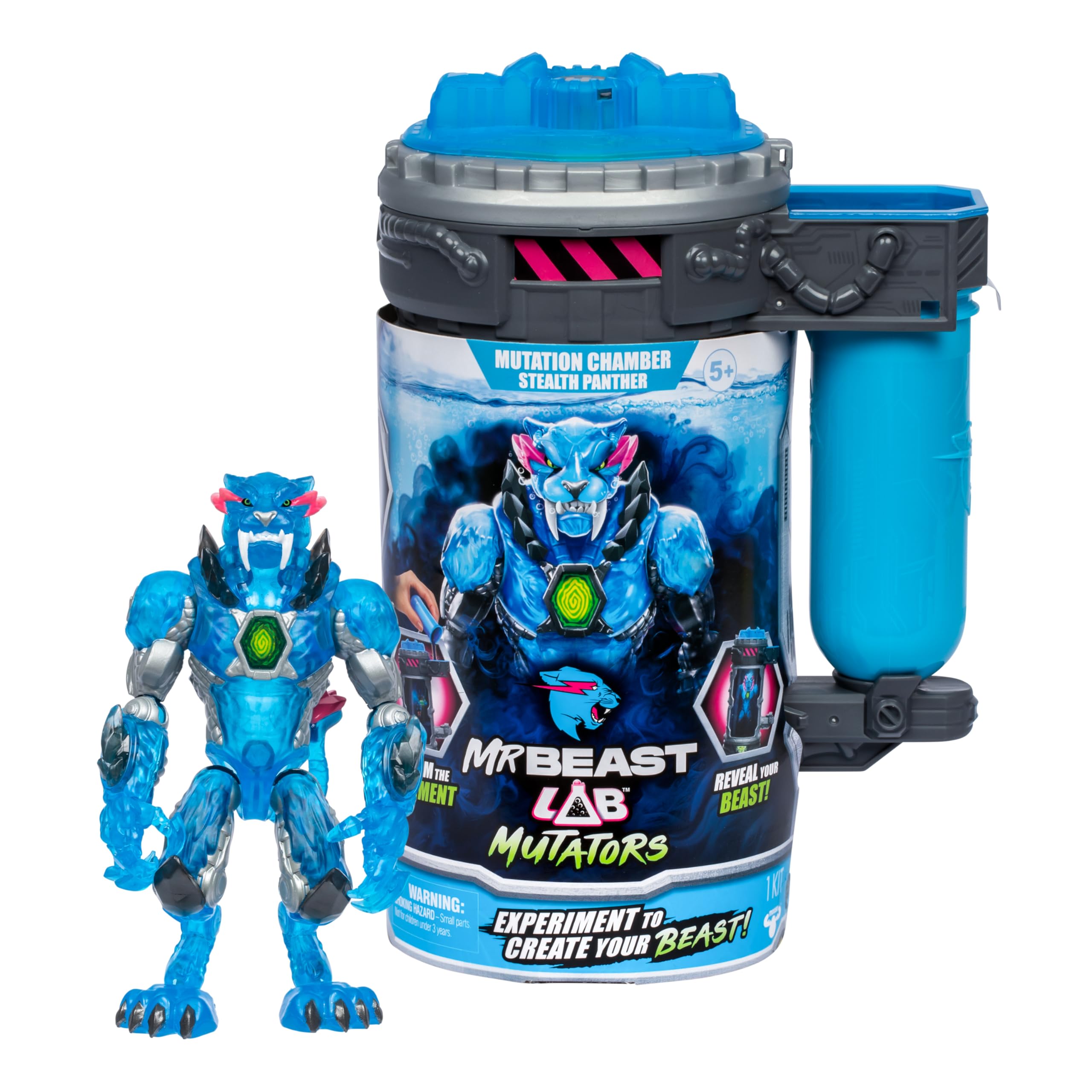 MrBeast Lab Mutators; Mutiere das ultimative Biest. Experimentiere und erschaffe die Stealth Panther-Actionfigur von MrBeast. 3 zum Sammeln, Iconic Panther, Stealth Panther