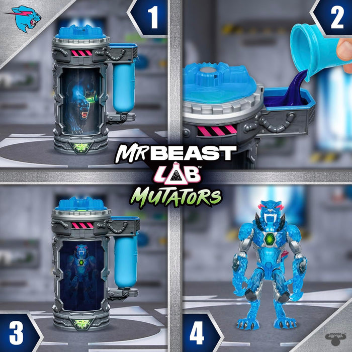 MrBeast Lab Mutators; Mutiere das ultimative Biest. Experimentiere und erschaffe die Stealth Panther-Actionfigur von MrBeast. 3 zum Sammeln, Iconic Panther, Stealth Panther