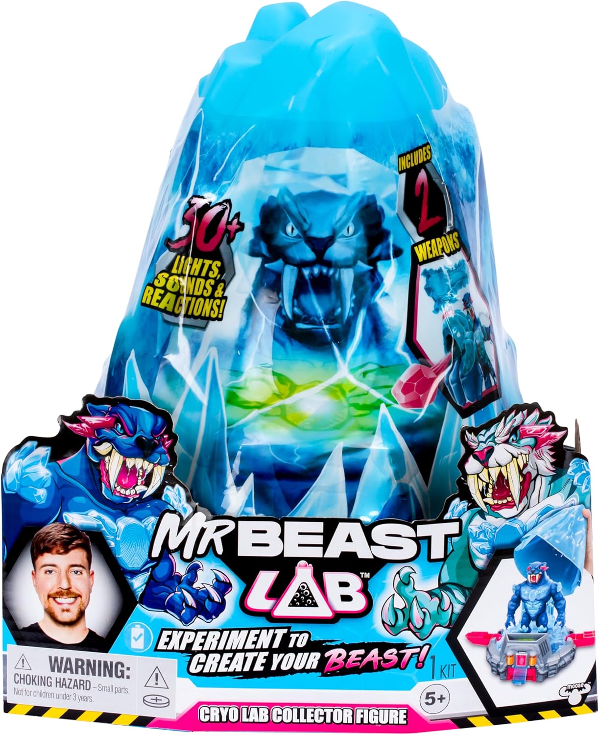 MrBeast Lab Melt The Ice To Release A Beast With The Cryo Lab Collector Figure, 7inch/18cm Figure With 30+ Lights, Sounds And Reactions, Includes 2 Weapons, 2 Big Cat Figures To Collect