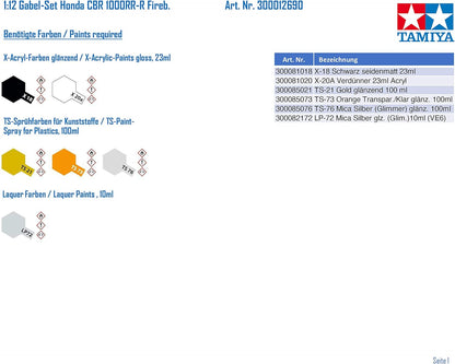 TAMIYA Juego de Tenedores (Escala 1:12, para Honda CBR 1000RR-R Fireb), réplica Fiel al Original, maqueta, construcción de plástico, Manualidades, Hobby, Pegar, ensamblar, sin barnizar (TAM12690
