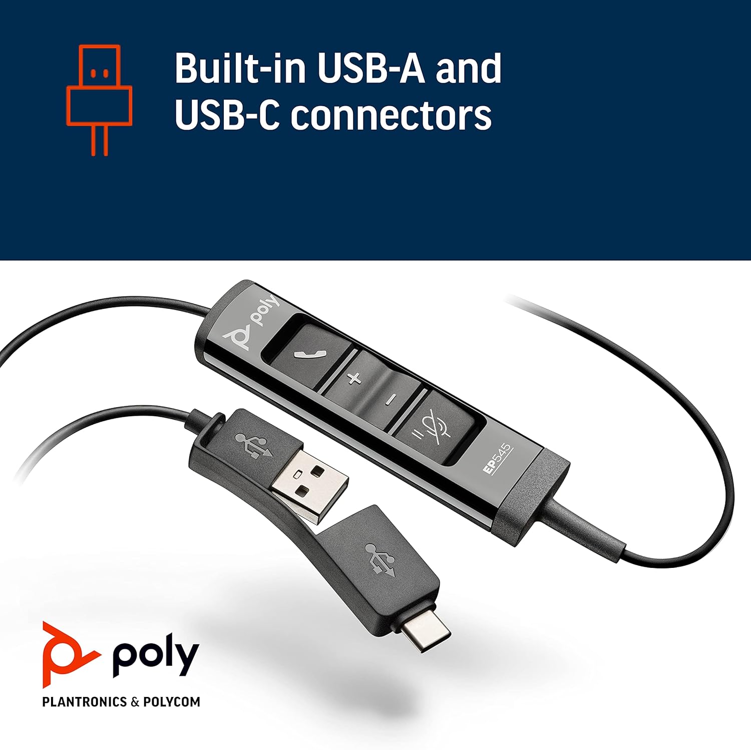 Poly – EncorePro 545 USB-A and USB-C USB headset (Plantronics)– Acoustic Hearing Protection - Hold & Call Answer buttons - Convertible wearing style