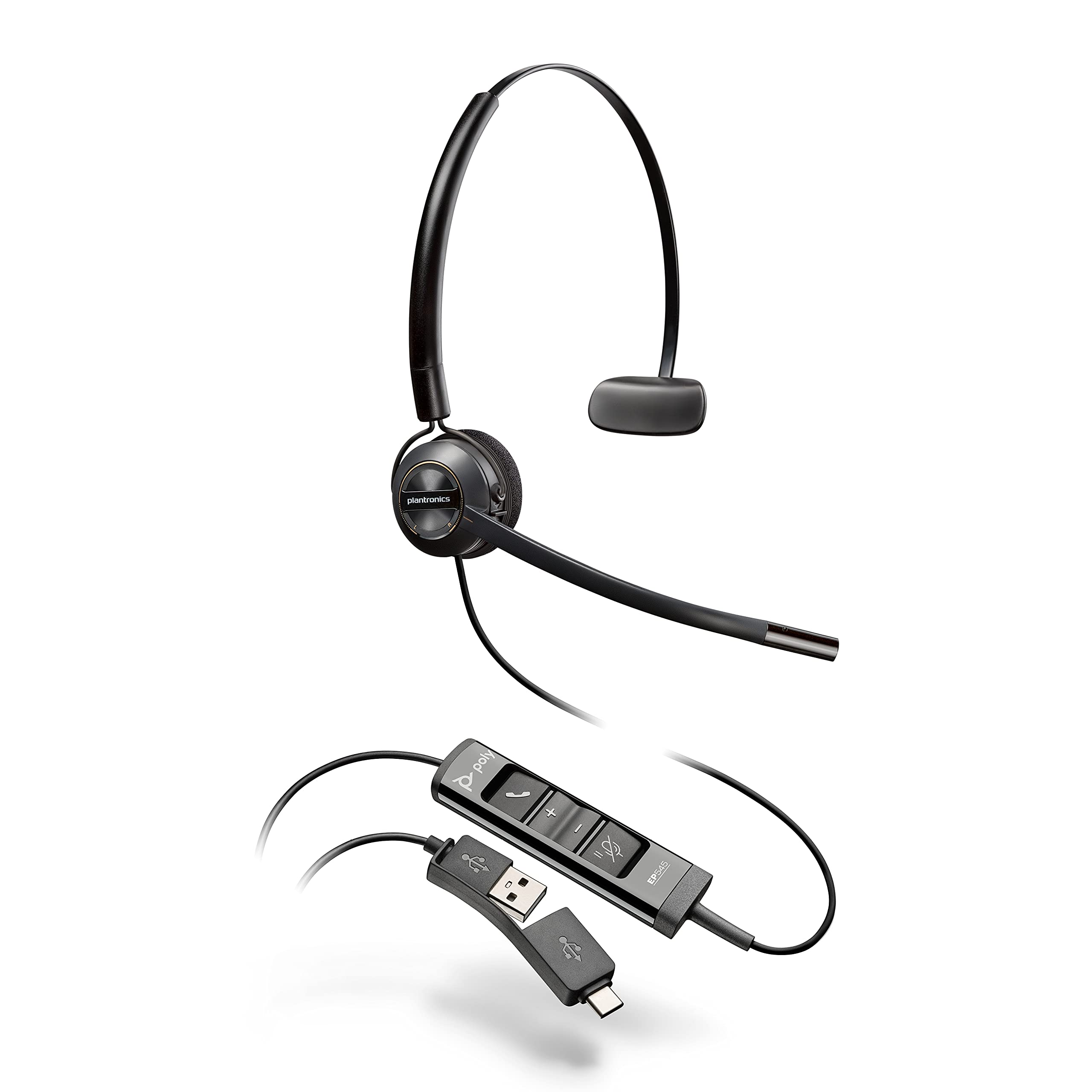 Poly – EncorePro 545 USB-A and USB-C USB headset (Plantronics)– Acoustic Hearing Protection - Hold & Call Answer buttons - Convertible wearing style