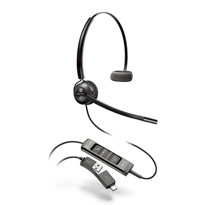 Poly – EncorePro 545 USB-A and USB-C USB headset (Plantronics)– Acoustic Hearing Protection - Hold & Call Answer buttons - Convertible wearing style