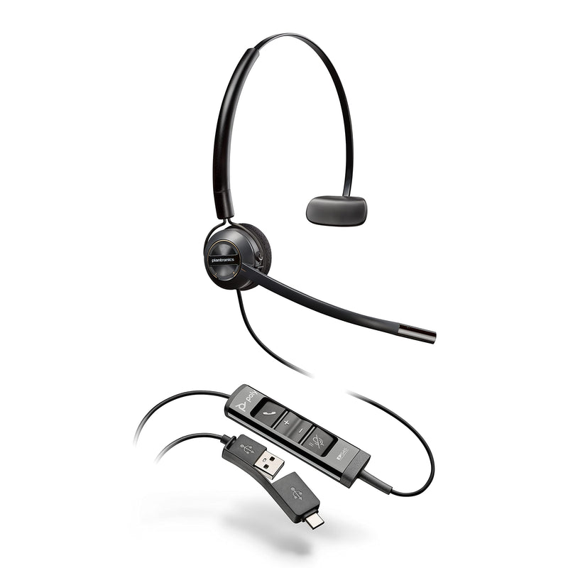 Poly – EncorePro 545 USB-A and USB-C USB headset (Plantronics)– Acoustic Hearing Protection - Hold & Call Answer buttons - Convertible wearing style
