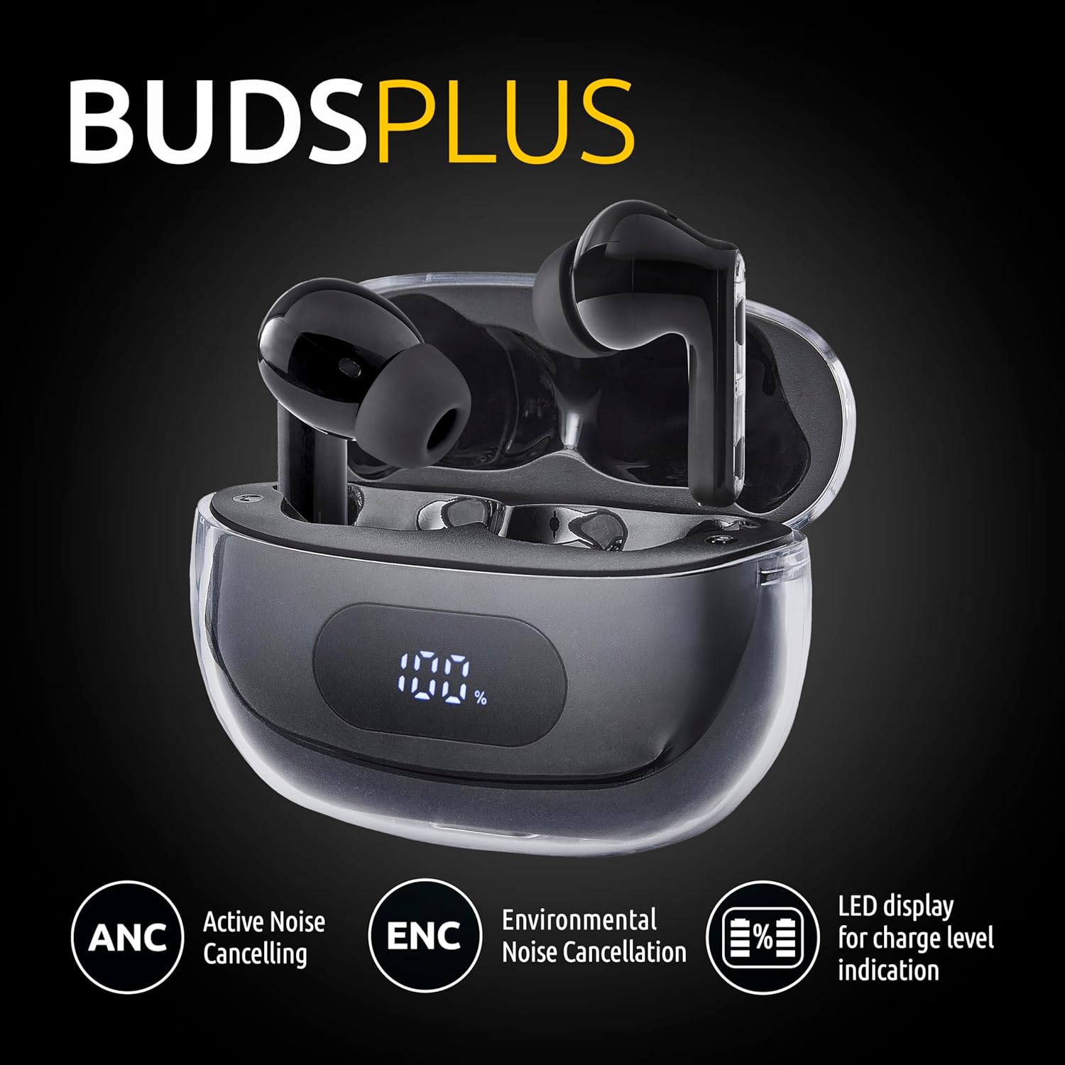 Intenso Buds Plus - Cuffie TWS True Wireless T310AE con cancellazione attiva del rumore, ENC, Bluetooth e fino a 25 ore di riproduzione musicale, colore: Nero