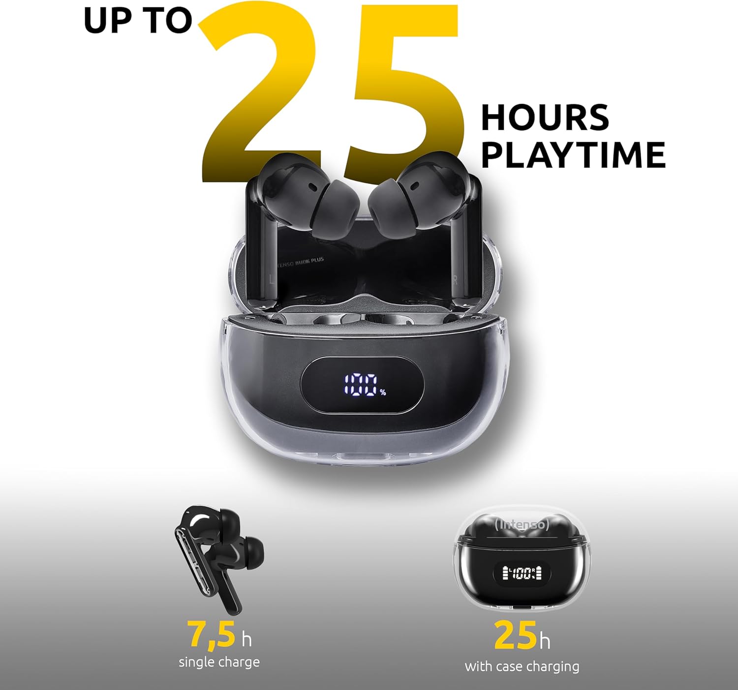 Intenso Buds Plus - Cuffie TWS True Wireless T310AE con cancellazione attiva del rumore, ENC, Bluetooth e fino a 25 ore di riproduzione musicale, colore: Nero