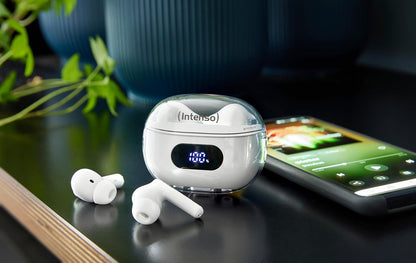 Intenso Buds Plus - Cuffie TWS True Wireless T312AE con cancellazione attiva del rumore, ENC, Bluetooth e fino a 25 ore di riproduzione musicale, colore: Bianco