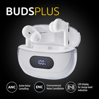 Intenso Buds Plus - Cuffie TWS True Wireless T312AE con cancellazione attiva del rumore, ENC, Bluetooth e fino a 25 ore di riproduzione musicale, colore: Bianco