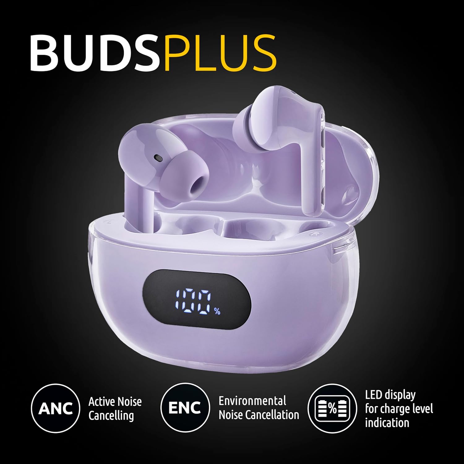 Intenso Buds Plus - Cuffie TWS True Wireless T313AE con cancellazione attiva del rumore, ENC, Bluetooth e fino a 25 ore di riproduzione musicale, viola