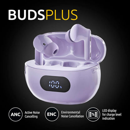 Intenso Buds Plus - Cuffie TWS True Wireless T313AE con cancellazione attiva del rumore, ENC, Bluetooth e fino a 25 ore di riproduzione musicale, viola