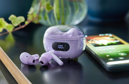 Intenso Buds Plus - Cuffie TWS True Wireless T313AE con cancellazione attiva del rumore, ENC, Bluetooth e fino a 25 ore di riproduzione musicale, viola
