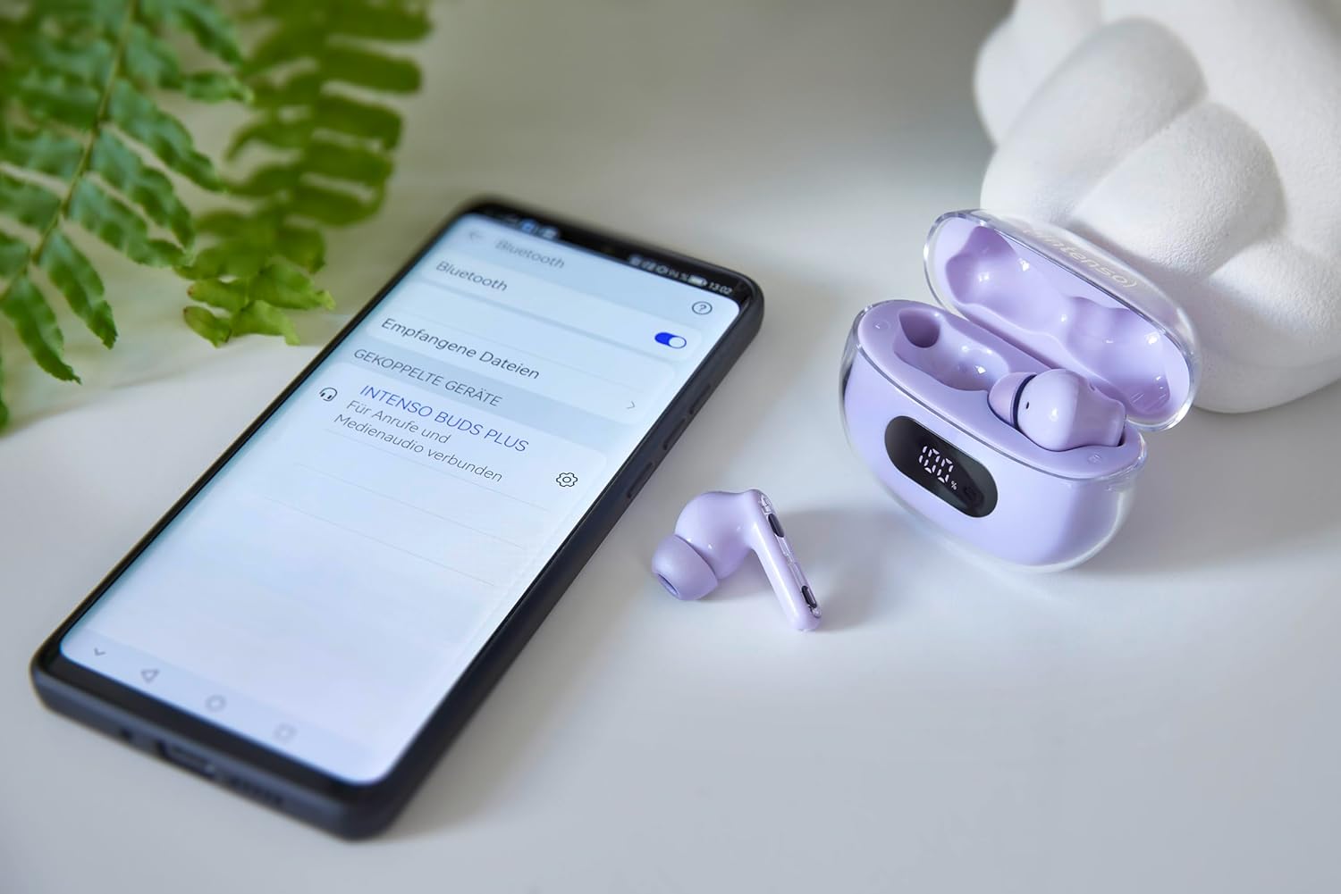 Intenso Buds Plus - Cuffie TWS True Wireless T313AE con cancellazione attiva del rumore, ENC, Bluetooth e fino a 25 ore di riproduzione musicale, viola