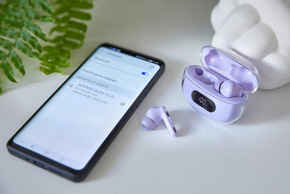 Intenso Buds Plus - Cuffie TWS True Wireless T313AE con cancellazione attiva del rumore, ENC, Bluetooth e fino a 25 ore di riproduzione musicale, viola