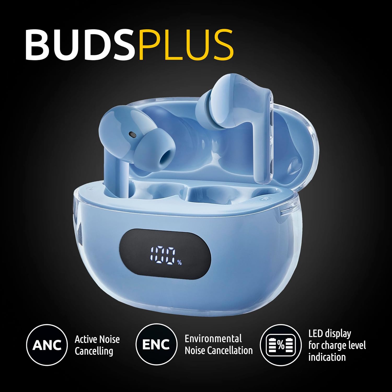 Intenso Buds Plus - Cuffie TWS True Wireless T315AE con cancellazione attiva del rumore, ENC, Bluetooth e fino a 25 ore di riproduzione musicale, blu