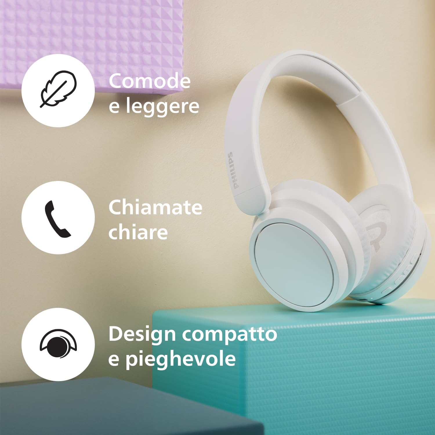 PHILIPS TAH5209WT/00 Lightweight On Ear Wireless Bluetooth Headphones with Passive Noise Isolation - 65 Hours Play Time, Natural Sound, Clear Calls, Dynamic Bass, 2 Hours USB-C Charging- White