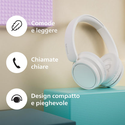PHILIPS TAH5209WT/00 Lightweight On Ear Wireless Bluetooth Headphones with Passive Noise Isolation - 65 Hours Play Time, Natural Sound, Clear Calls, Dynamic Bass, 2 Hours USB-C Charging- White