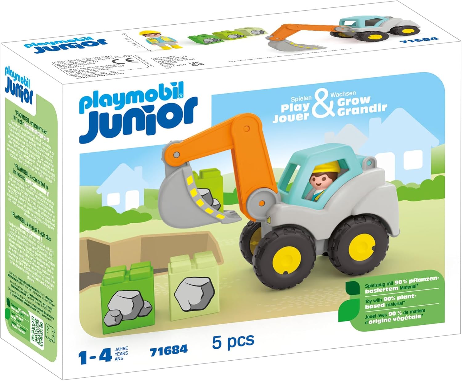 PLAYMOBIL 71684 JUNIOR: Shovel Excavator, including foldable cabin roof and stackable stones, sustainable toy made from plant-based plastics, gifting toy, play sets suitable for children ages 1+