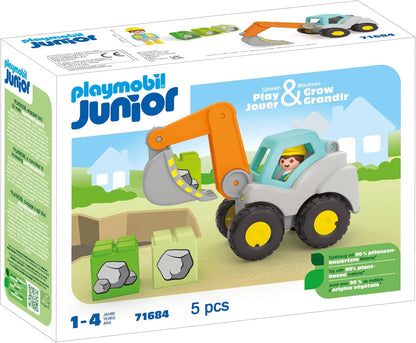 PLAYMOBIL 71684 JUNIOR: Shovel Excavator, including foldable cabin roof and stackable stones, sustainable toy made from plant-based plastics, gifting toy, play sets suitable for children ages 1+