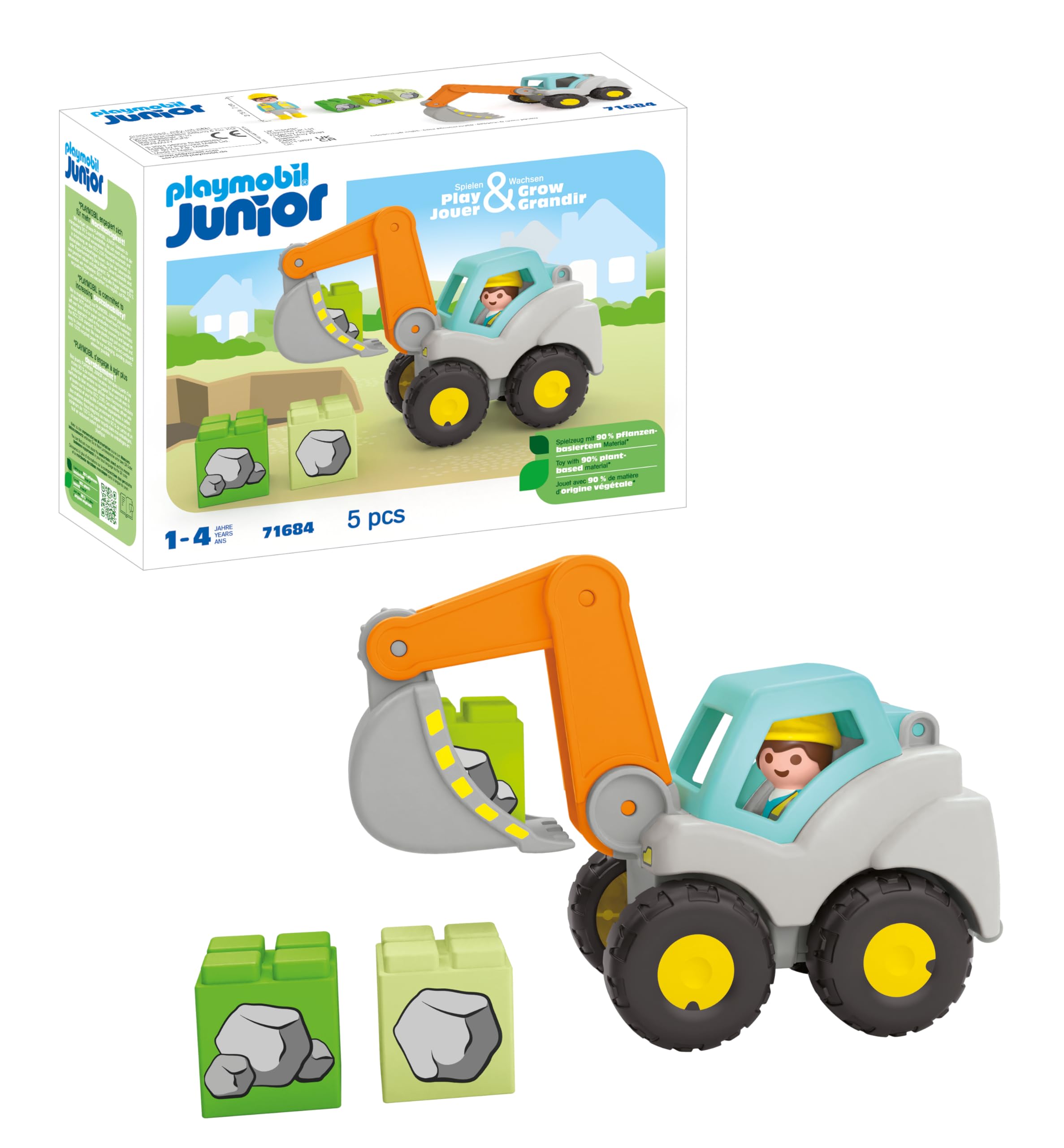 PLAYMOBIL 71684 JUNIOR: Shovel Excavator, including foldable cabin roof and stackable stones, sustainable toy made from plant-based plastics, gifting toy, play sets suitable for children ages 1+