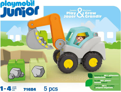 PLAYMOBIL 71684 JUNIOR: Shovel Excavator, including foldable cabin roof and stackable stones, sustainable toy made from plant-based plastics, gifting toy, play sets suitable for children ages 1+