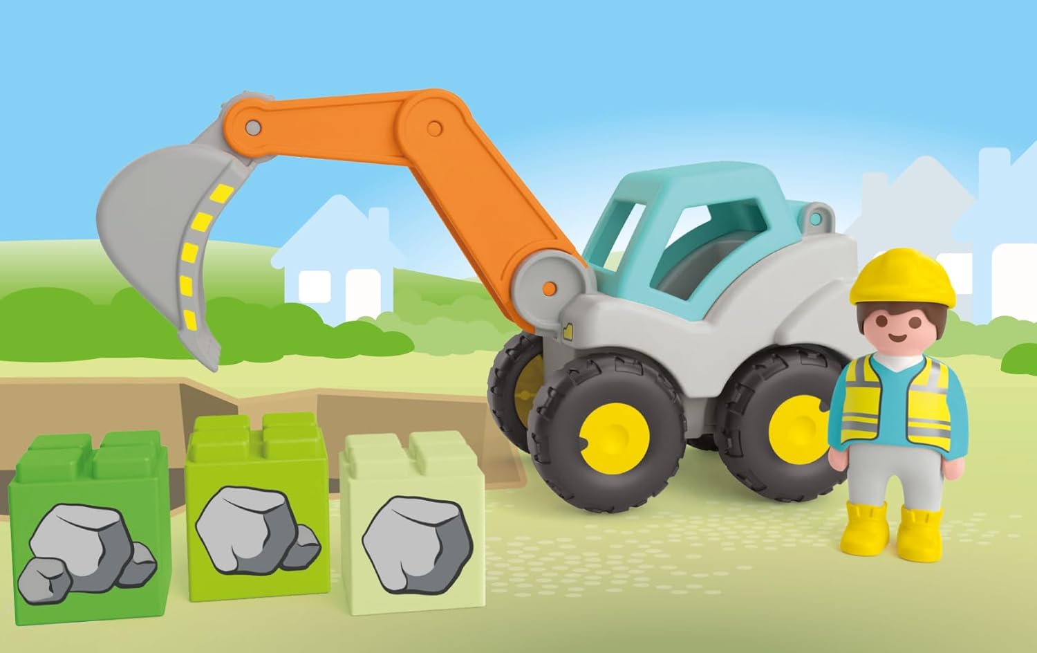 PLAYMOBIL 71684 JUNIOR: Shovel Excavator, including foldable cabin roof and stackable stones, sustainable toy made from plant-based plastics, gifting toy, play sets suitable for children ages 1+