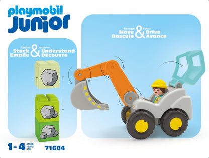 PLAYMOBIL 71684 JUNIOR: Shovel Excavator, including foldable cabin roof and stackable stones, sustainable toy made from plant-based plastics, gifting toy, play sets suitable for children ages 1+