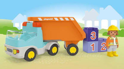 PLAYMOBIL 71685 JUNIOR: Dump Truck, including construction worker and three stackable stones, sustainable toy made from plant-based plastics, gifting toy, play sets suitable for children ages 1+