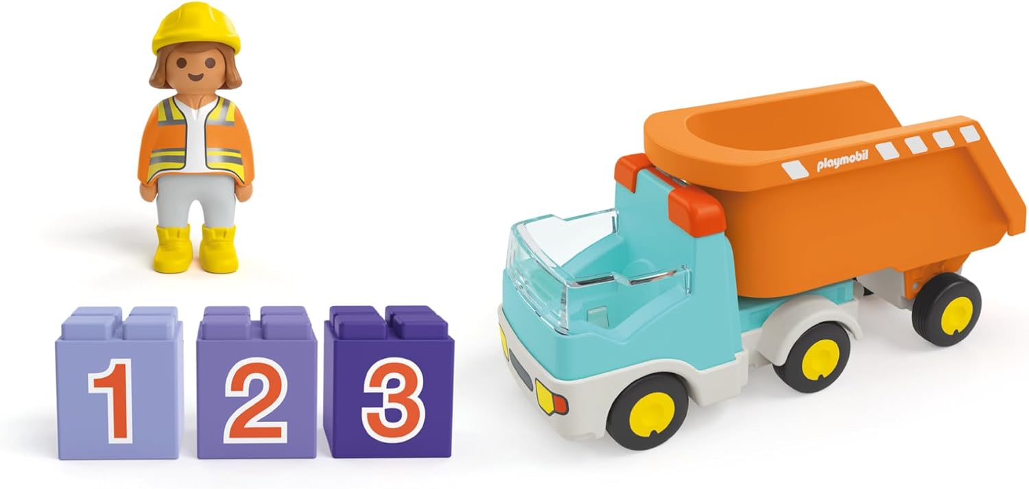 PLAYMOBIL 71685 JUNIOR: Dump Truck, including construction worker and three stackable stones, sustainable toy made from plant-based plastics, gifting toy, play sets suitable for children ages 1+