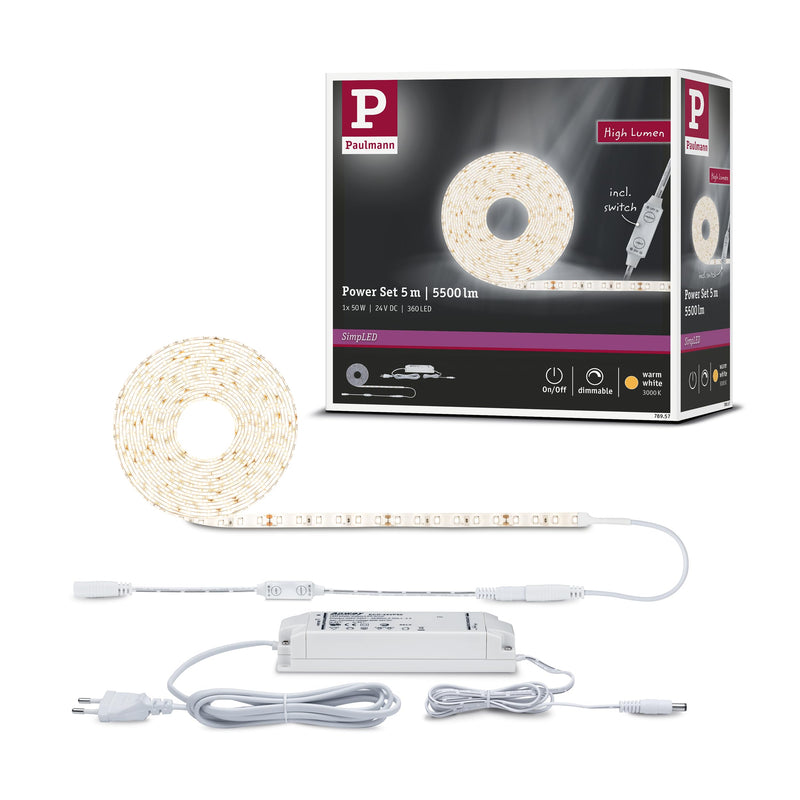 Paulmann 78957 LED strip SimpLED Power 5m with cord dimmer 1100lm/m incl. 1x50 watt IP44 dimmable lighting strip white plastic LED strip 3000 K