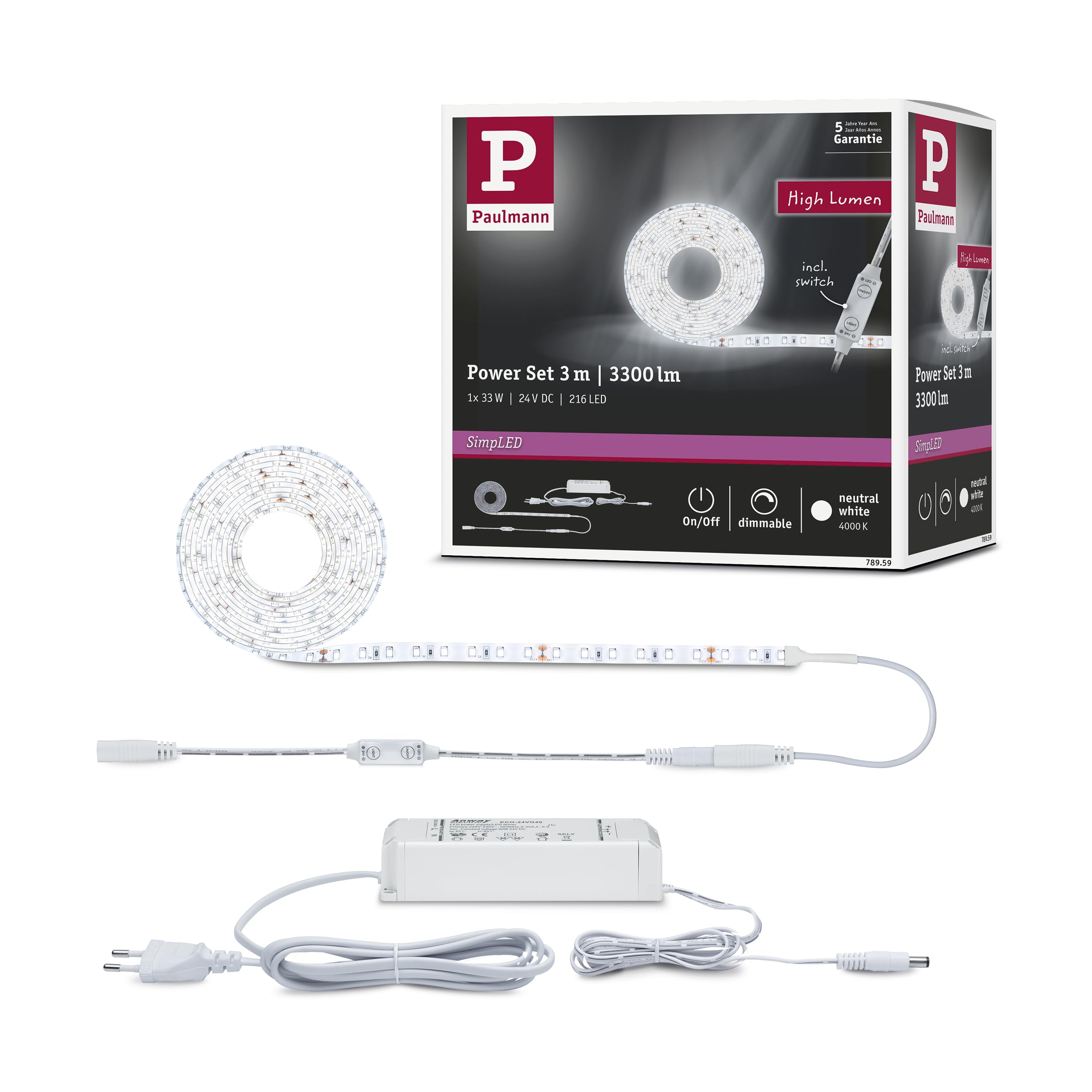 Paulmann 78959 LED strip SimpLED Power 3m with cord dimmer 1100lm/m incl. 1x33 watt IP44 dimmable lighting strip white plastic LED strip 4000 K