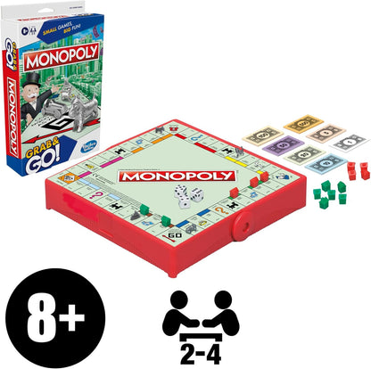 Monopoly Grab and Go Game, Portable Game for 2-4 Players, Travel Game for Kids
