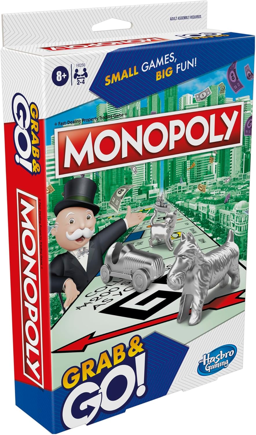 Monopoly Grab and Go Game, Portable Game for 2-4 Players, Travel Game for Kids