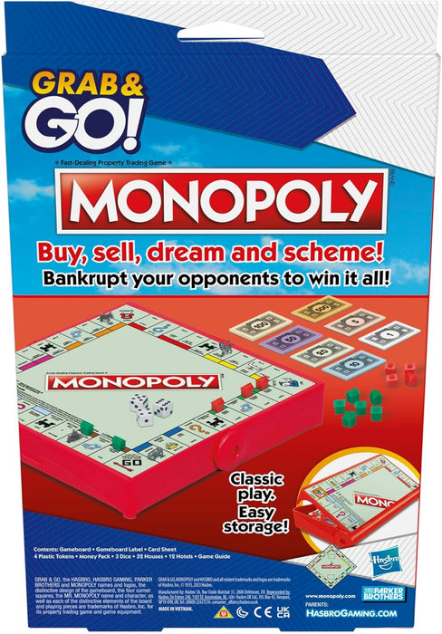 Monopoly Grab and Go Game, Portable Game for 2-4 Players, Travel Game for Kids