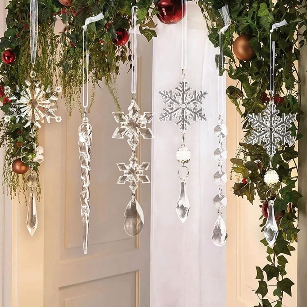 Qtynudy 10 ciondoli in acrilico a forma di ghiaccioli di Natale, fiocchi di neve, albero di Natale, ghiaccioli, decorazioni natalizie, facili da installare, facili da usare