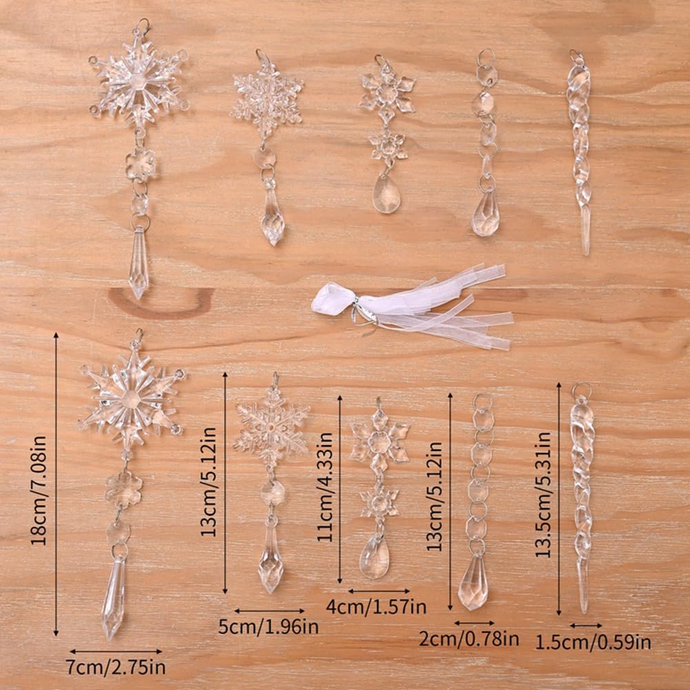 Qtynudy 10 ciondoli in acrilico a forma di ghiaccioli di Natale, fiocchi di neve, albero di Natale, ghiaccioli, decorazioni natalizie, facili da installare, facili da usare