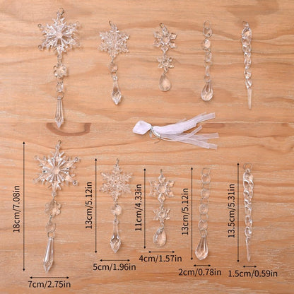 Qtynudy 10 ciondoli in acrilico a forma di ghiaccioli di Natale, fiocchi di neve, albero di Natale, ghiaccioli, decorazioni natalizie, facili da installare, facili da usare