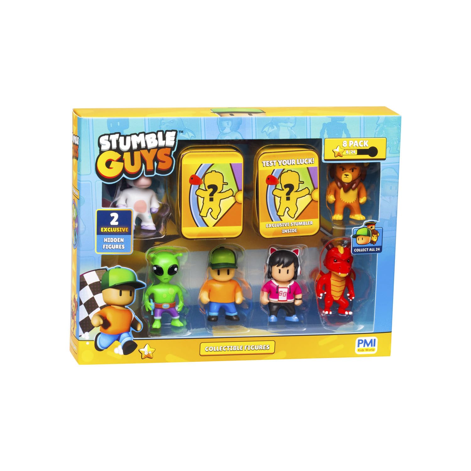 Stumble Guys 2" Collectable Figures 8-Pack Deluxe Box - Mr. Stumble, Leonidas, Green Alien, Sprinkles, Gamer Gina, Inferno Dragon, x2 Hidden