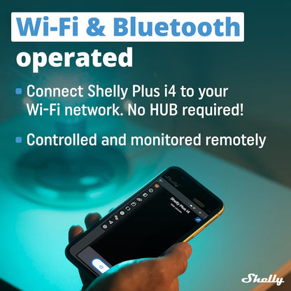 Shelly Plus i4 WiFi/Bluetooth-apparaat voor bewaking van de status van schakelaars, 4 ingangen, HTTP- en MQTT-apparaatbediening, compatibel met Google Assistant en Alexa, oranje