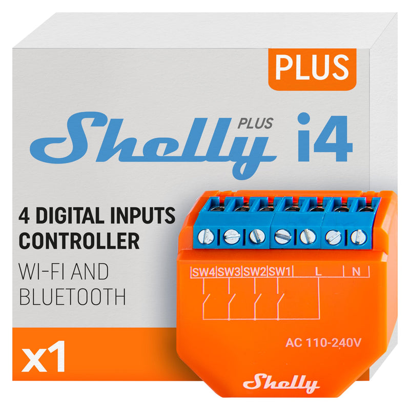 Shelly Plus i4 WiFi/Bluetooth-apparaat voor bewaking van de status van schakelaars, 4 ingangen, HTTP- en MQTT-apparaatbediening, compatibel met Google Assistant en Alexa, oranje