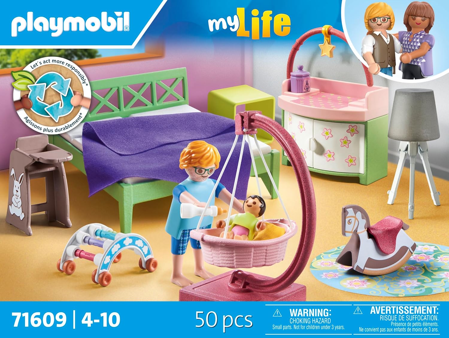 PLAYMOBIL MyLife 71609 Schlafzimmer mit Babyspielecke, und Zwei Figuren, zu über 80 % aus recycelten und biobasierten Materialien, detailreiches Spielzeug für Kinder ab 4 Jahren