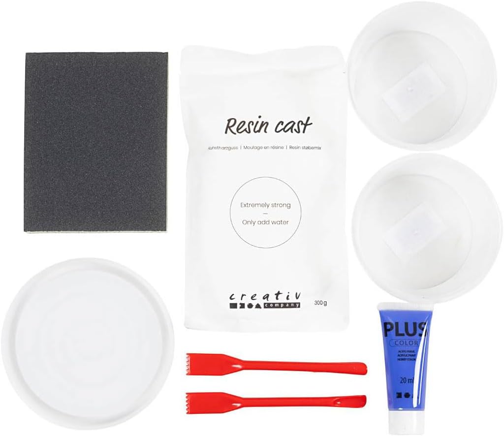 Bastelset Resin Casting, blau, weiß, rundes Tablett mit Marmorierung, 1 Packung