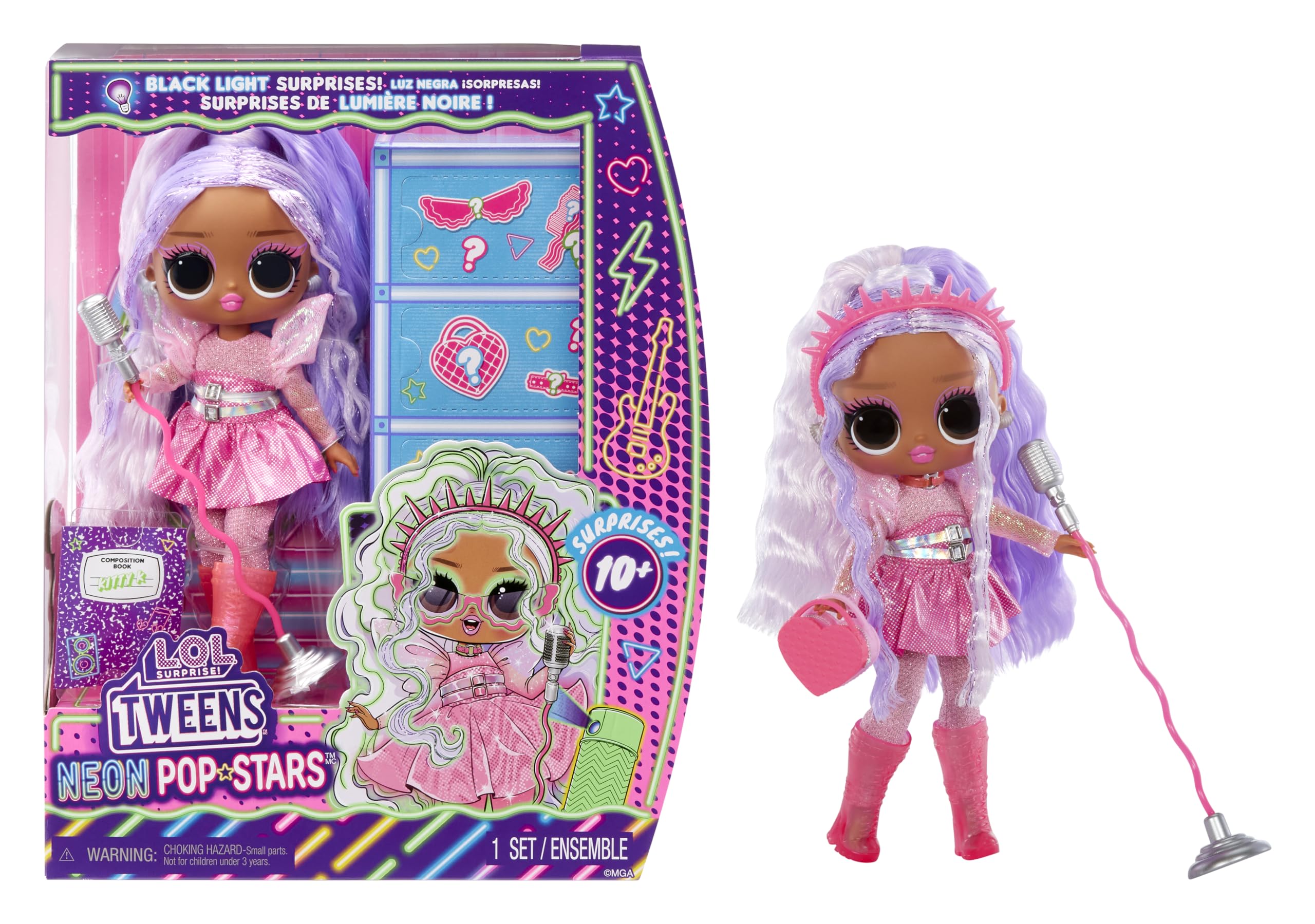 L.O.L. Surprise! Tweens Neon Pop Stars - Kitty K - 1 Fashion Doll, with Backlight Surprises and 10+ Pop Star Fashions and Accessories Including Retro Mic Stand, Present for Kids Ages 4+