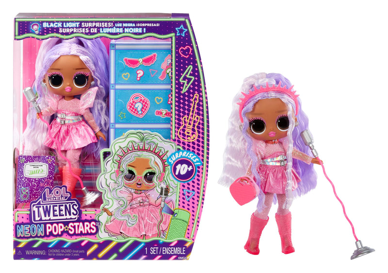 L.O.L. Surprise! Tweens Neon Pop Stars - Kitty K - 1 Fashion Doll, with Backlight Surprises and 10+ Pop Star Fashions and Accessories Including Retro Mic Stand, Present for Kids Ages 4+