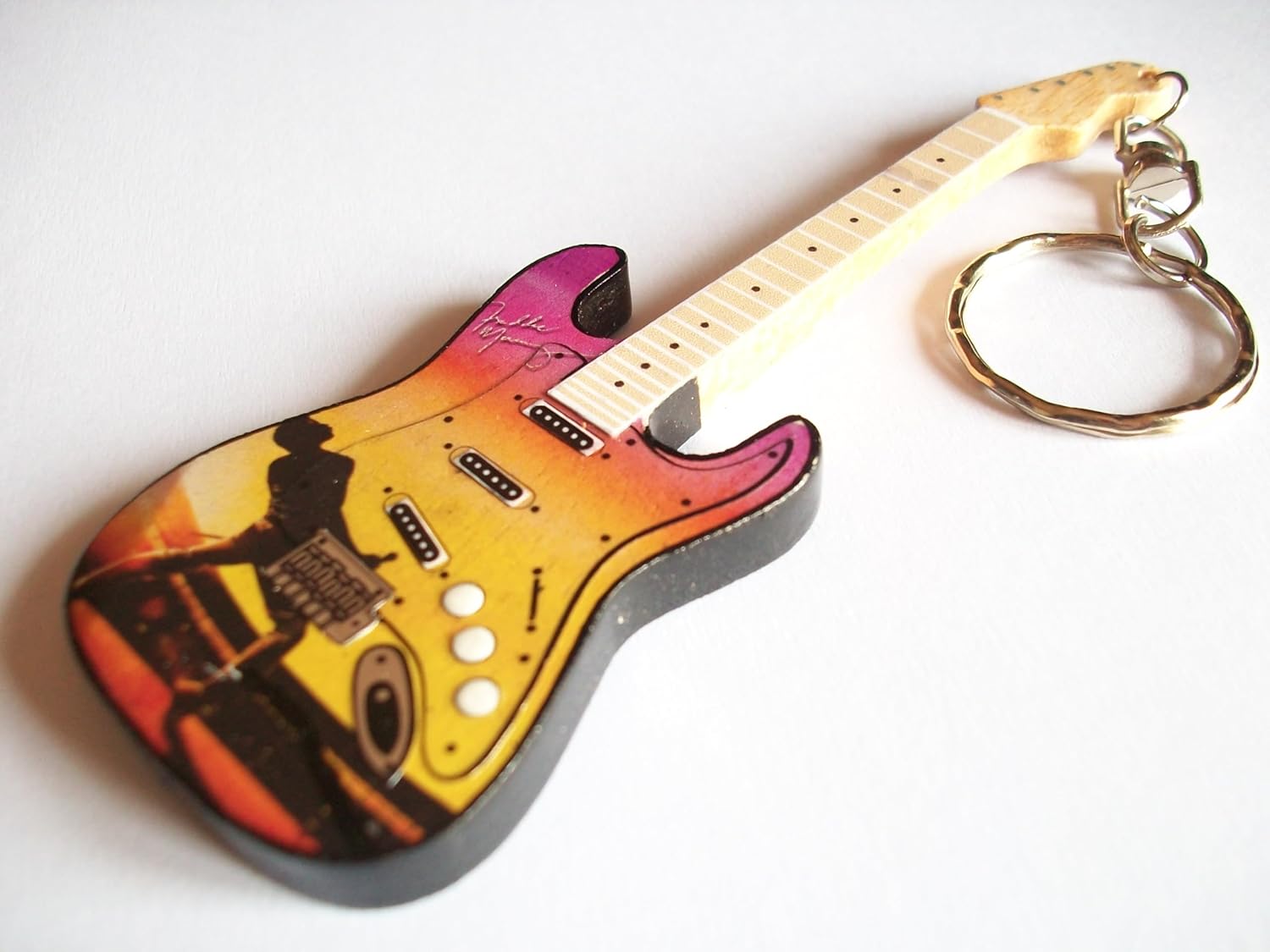 10cm Painted Wood Rhapsody Bohemian Guitar Keyring, Orange-yellow, 10 cm